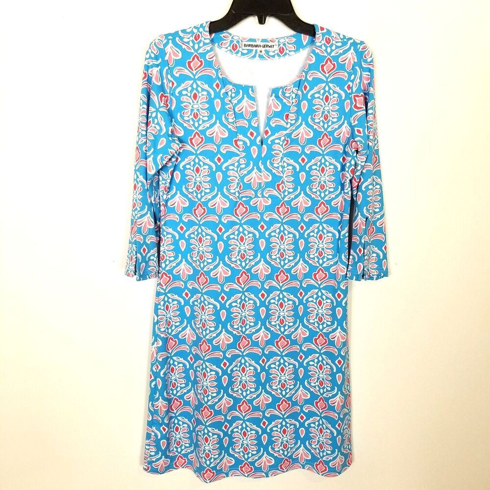 Barbara Gerwit Women Floral V-Neck 3/4 Sleeve‎ Stretch Tunic Dress  M Blue White